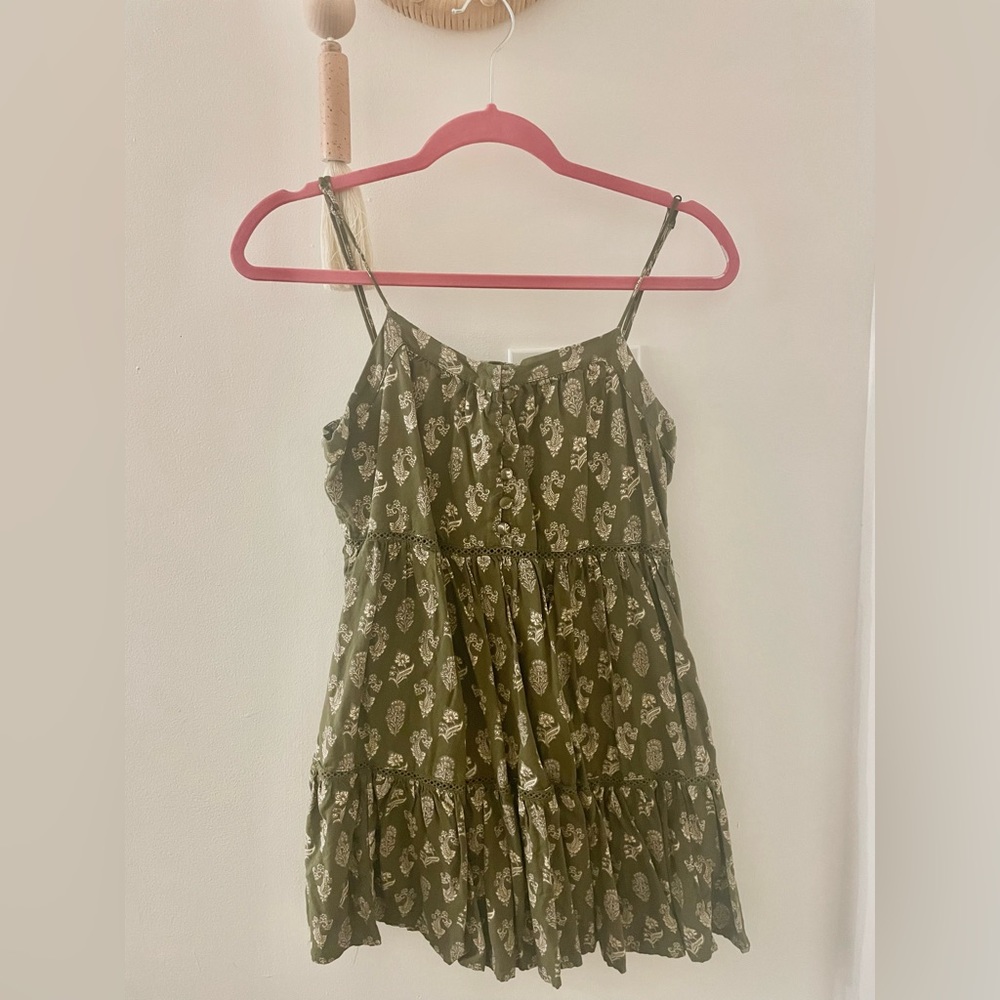 Urban Outfitters Olive Green Printed Babydoll Mini Dress